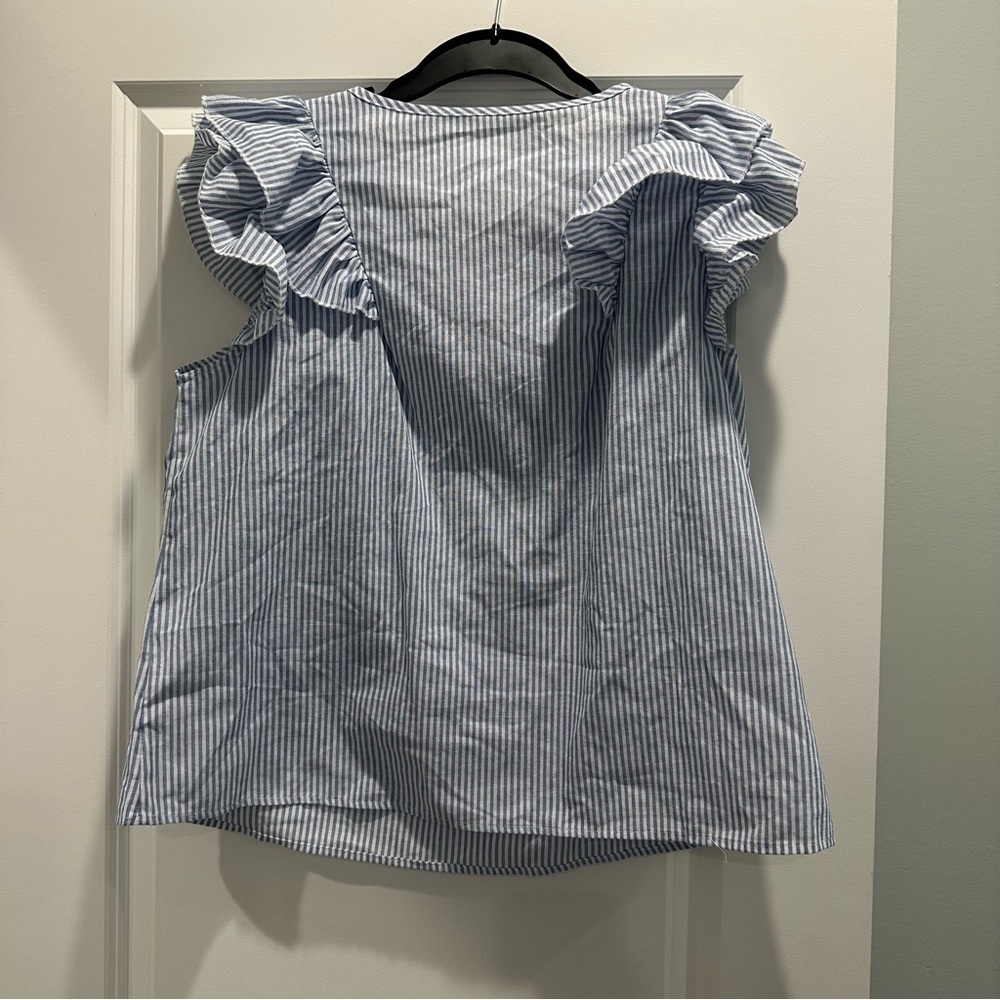 Emery Rose Blue Striped Ruffle Sleeve Top - Picture 4 of 4